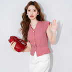 V-Neck Flying-Sleeve Gingham Blouse - kawaii-inspired outfit in pastel colors - 36955789