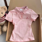 Pink Plaid-Collar Sweet Summer Polo Tee - kawaii-inspired outfit in pastel colors - 68029549