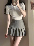 Korean College Ribbed Top & Pleated Skirt Set - kawaii-inspired outfit in pastel colors - 1021567