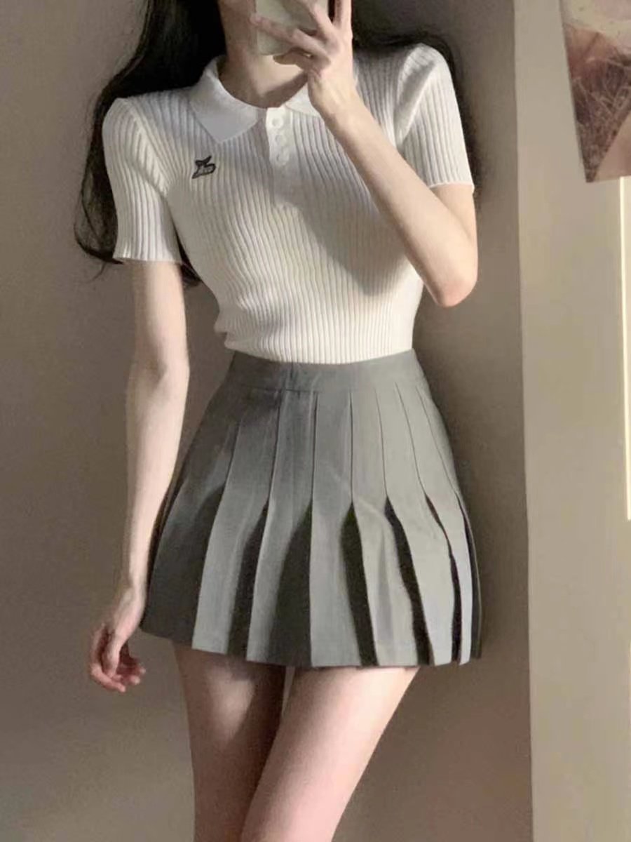 Korean College Ribbed Top & Pleated Skirt Set