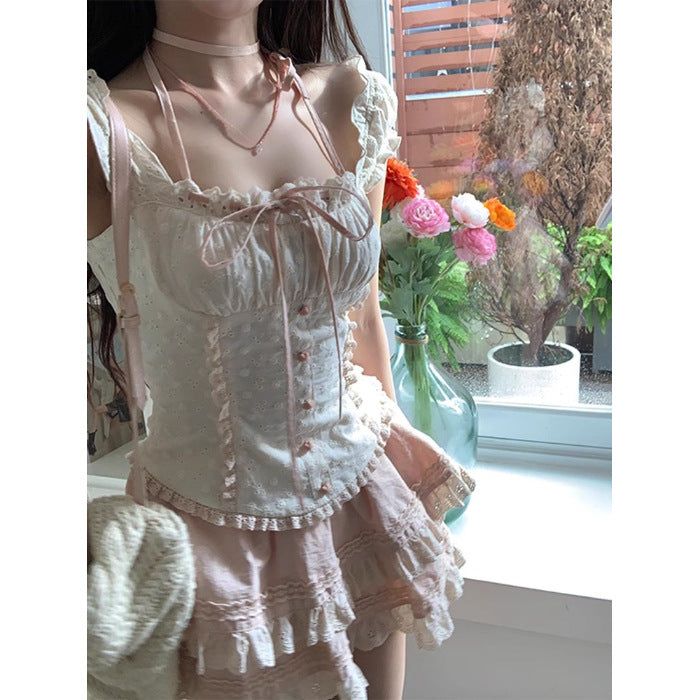 French Sweet Lace Two-Piece Skirt Set - kawaii-inspired outfit in pastel colors - 45787977