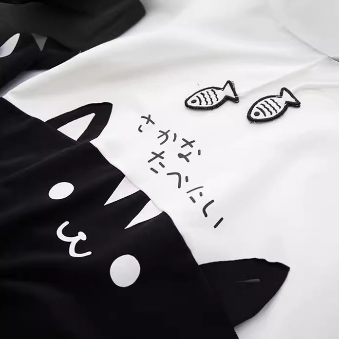 Kawaii Cat Hoodie with Fish Print & Ears