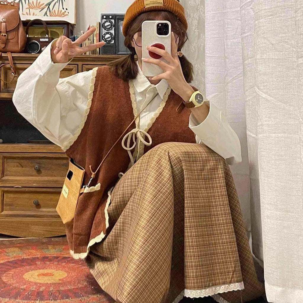 Japanese Retro Preppy Knit Cardigan Shirt Set