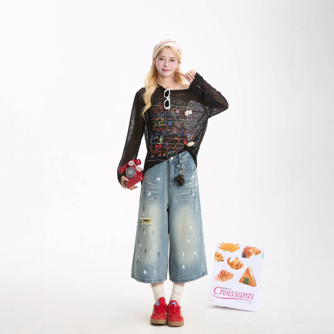 Pink Graffiti Sheer Off-Shoulder Knit Top