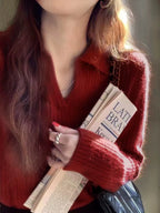 French Soft V-Neck Long-Sleeve Knit Sweater - kawaii-inspired outfit in pastel colors - 89111163