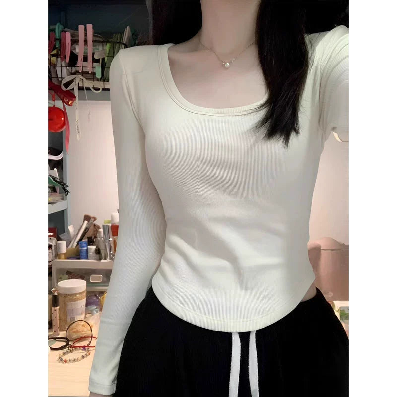 Pure Cotton Square-Neck Long-Sleeve Tee