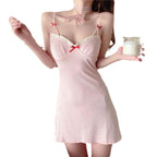 Pink Ribbed Bow Mini Dress - kawaii-inspired outfit in pastel colors - 90339700