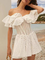 Embroidered Off-Shoulder Eyelet Mini Dress - kawaii-inspired outfit in pastel colors - 77267070