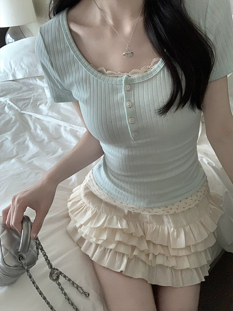 Fake Two-Piece Floral Short-Sleeve T-Shirt