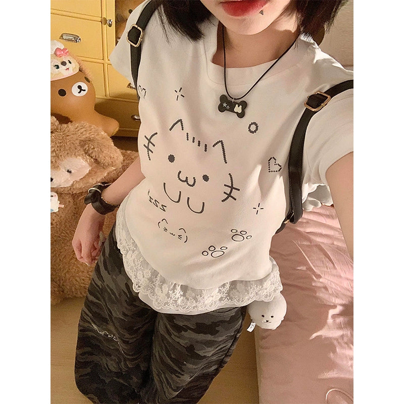 Subculture Cat-Print Lace-Hem Crop Tee