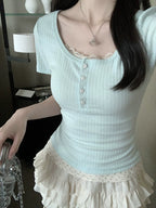 Fake Two-Piece Floral Short-Sleeve T-Shirt - kawaii-inspired outfit in pastel colors - 84282819