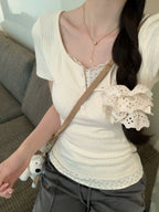 Fake Two-Piece Floral Short-Sleeve T-Shirt - kawaii-inspired outfit in pastel colors - 56384311