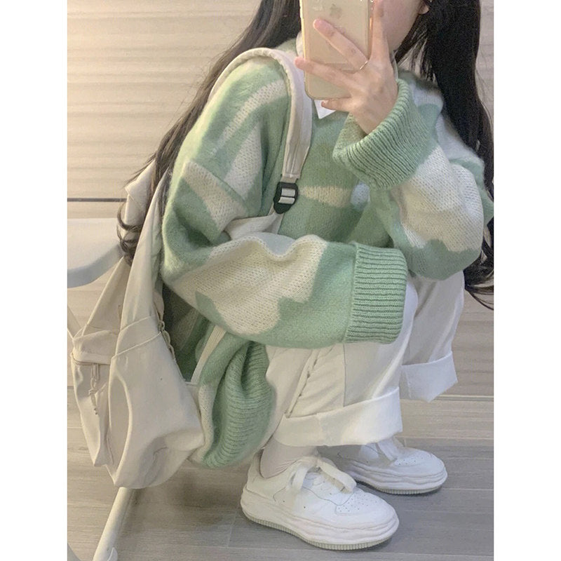 Pastel Camouflage Knit Sweater Top - kawaii-inspired outfit in pastel colors - 40612894