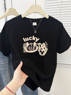 Cute Cartoon Shoulder Print Short Sleeve Tee - kawaii-inspired outfit in pastel colors - 6111343
