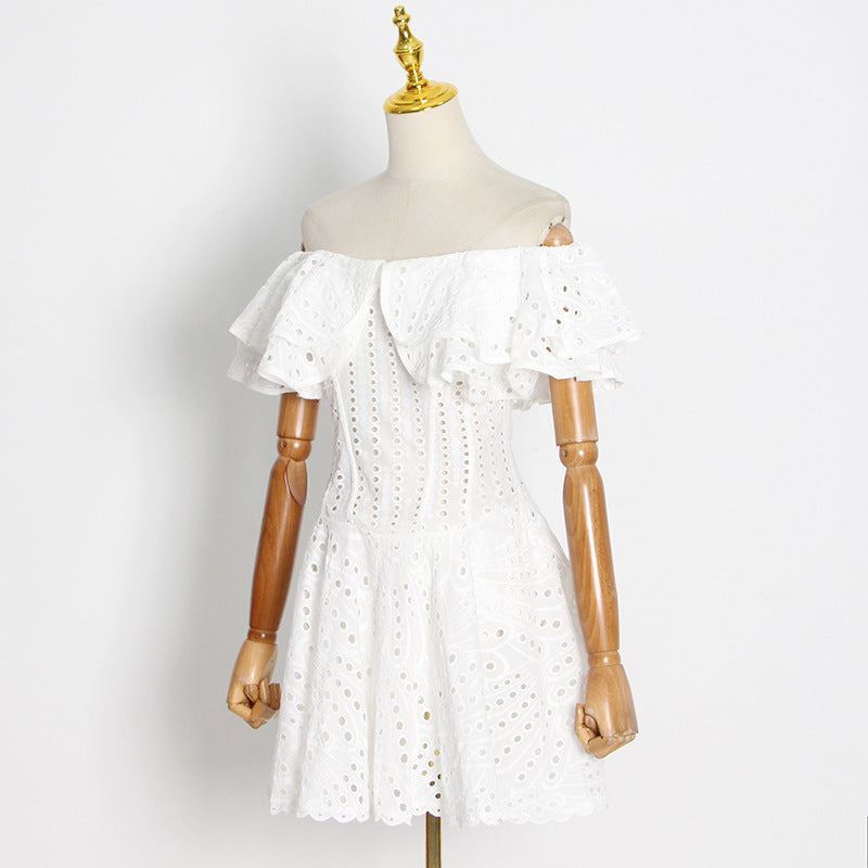 Embroidered Off-Shoulder Eyelet Mini Dress