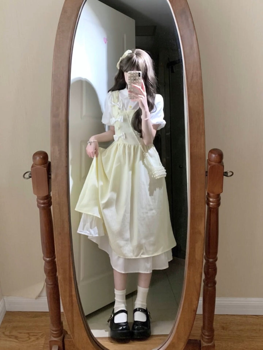 Lemon Cream Layered Bow Dress