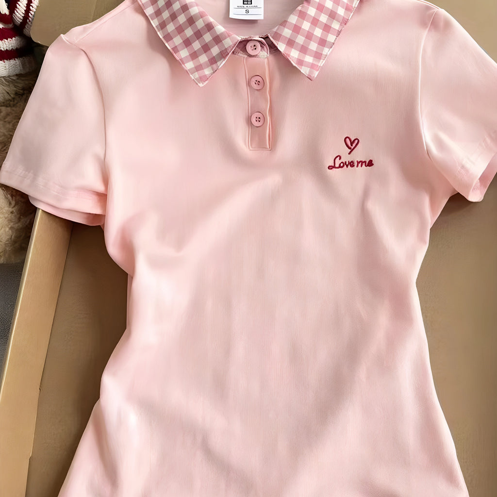 Pink Plaid-Collar Sweet Summer Polo Tee - kawaii-inspired outfit in pastel colors - 83393657