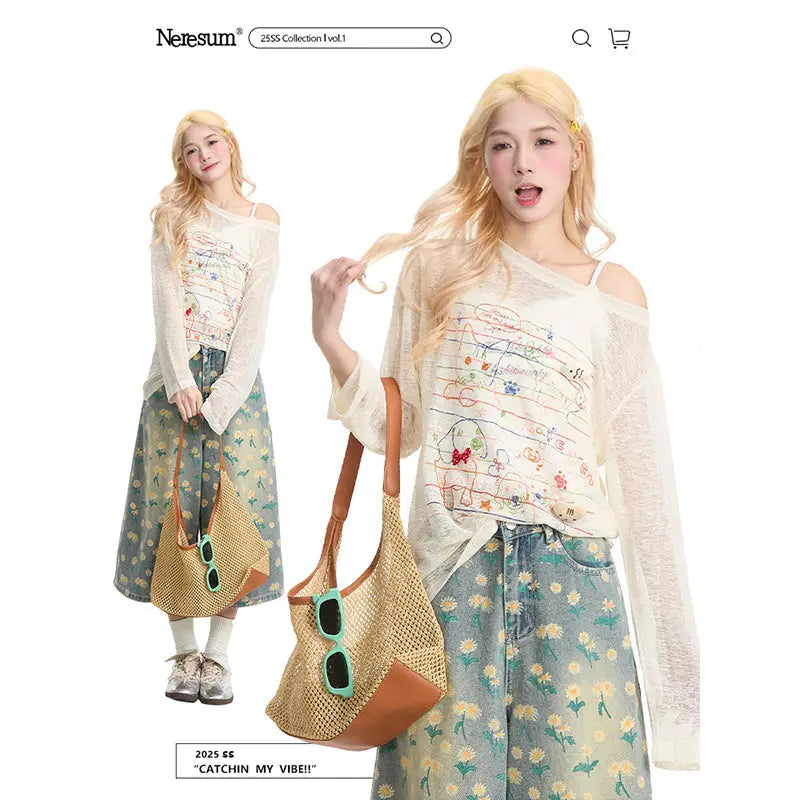 Pink Graffiti Sheer Off-Shoulder Knit Top for kawaii outfit ideas