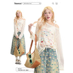 Pink Graffiti Sheer Off-Shoulder Knit Top - kawaii-inspired outfit in pastel colors - 14575076