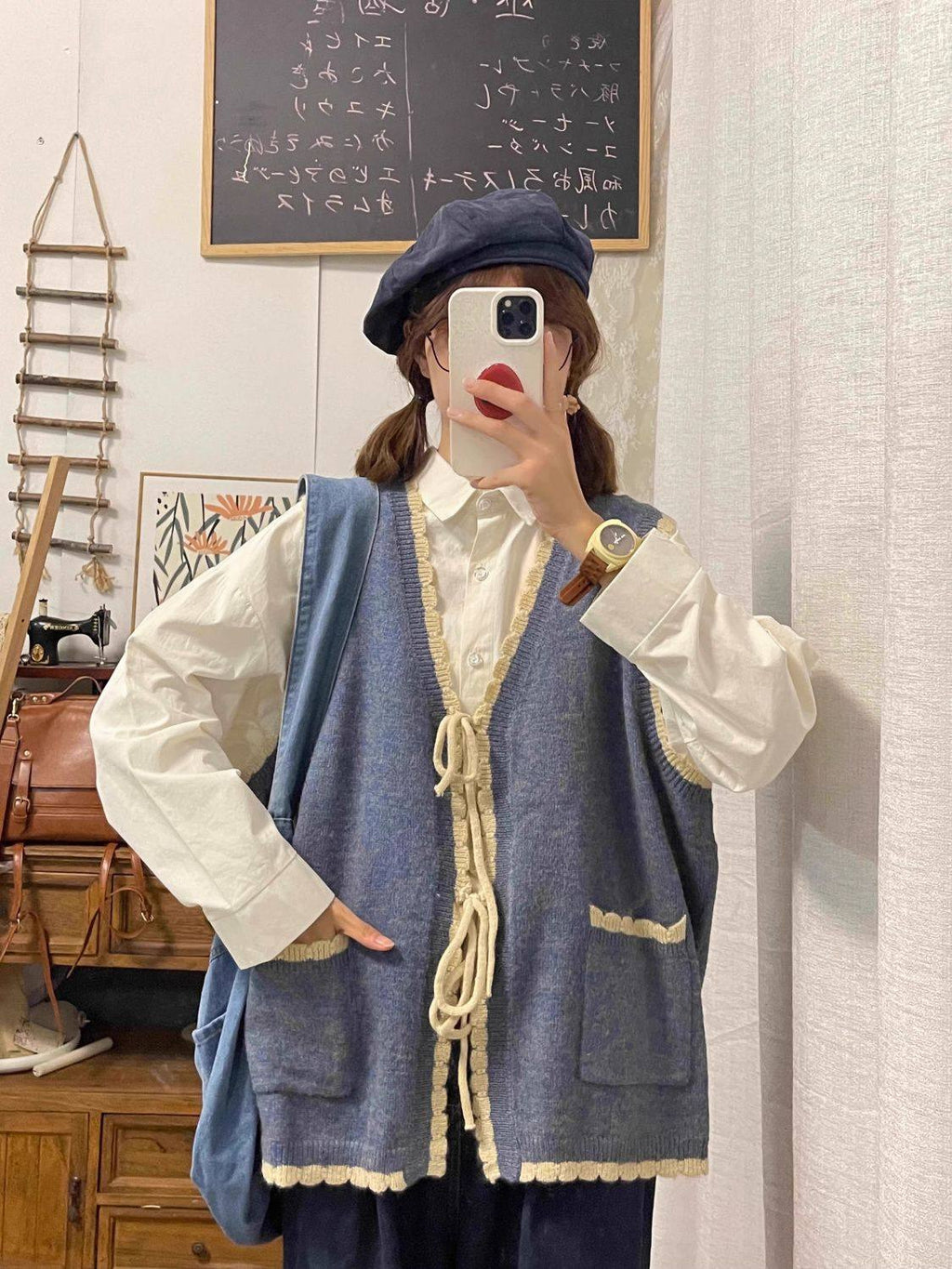 Japanese Retro Preppy Knit Cardigan Shirt Set