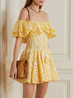 Embroidered Off-Shoulder Eyelet Mini Dress - kawaii-inspired outfit in pastel colors - 86761034
