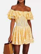 Embroidered Off-Shoulder Eyelet Mini Dress - kawaii-inspired outfit in pastel colors - 32264270