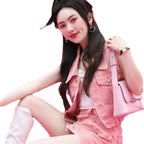 Pink Denim Vest & Skirt Two-Piece Set - kawaii-inspired outfit in pastel colors - 97007999