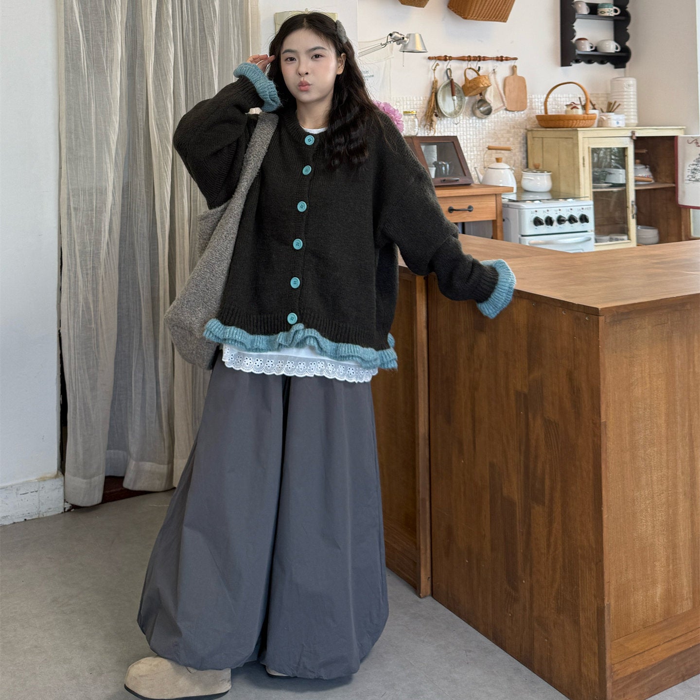 Retro Japanese Contrast Knit Sweater Jacket