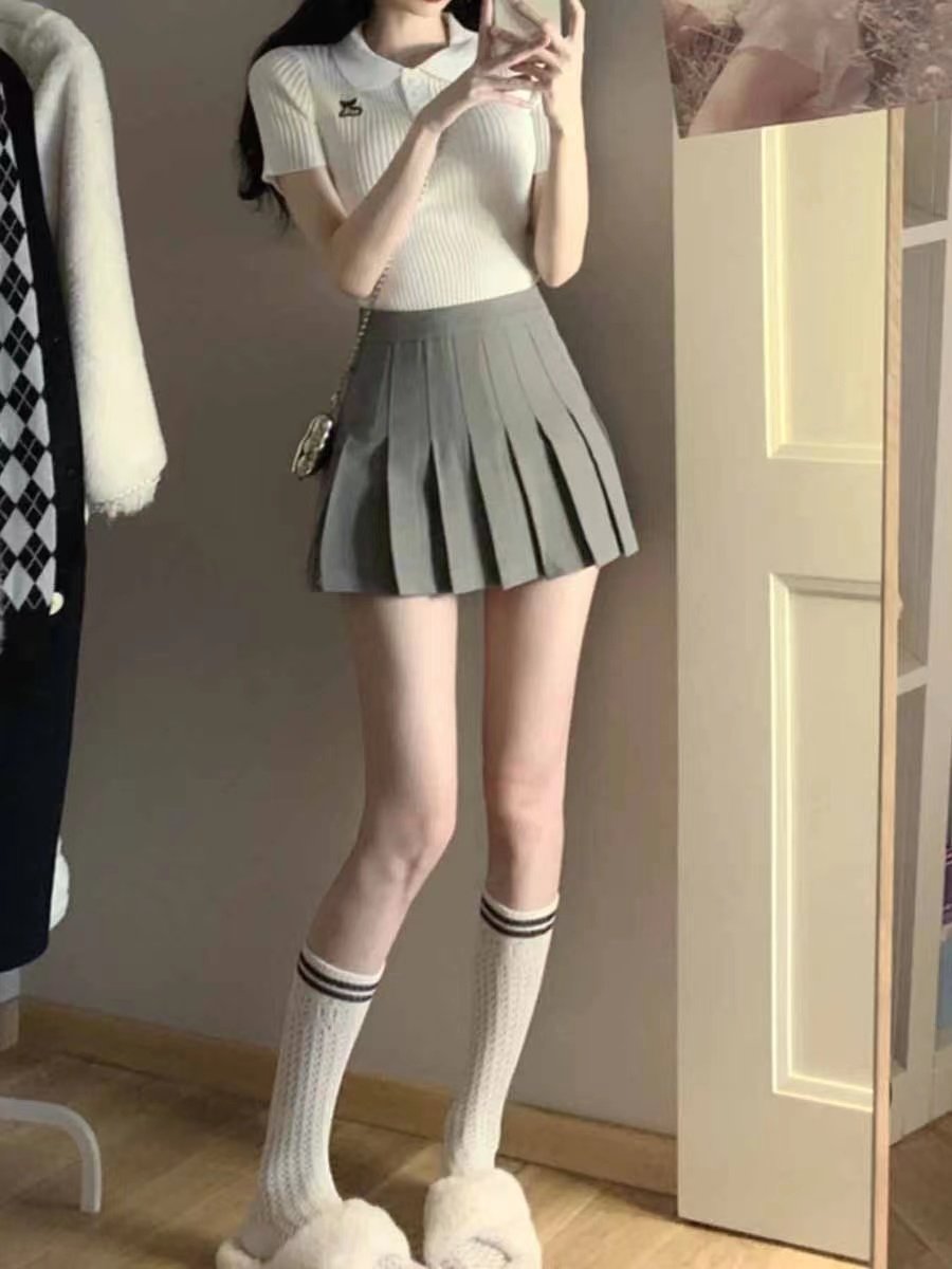 Korean College Ribbed Top & Pleated Skirt Set