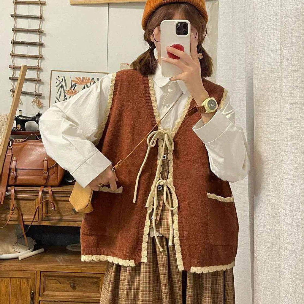 Japanese Retro Preppy Knit Cardigan Shirt Set