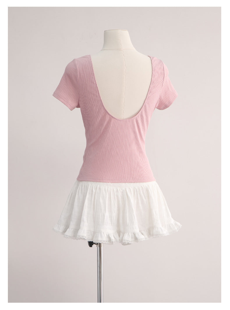 Pink Knit Top & Lace Trim Skirt Set