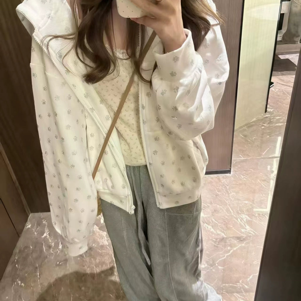 Cute Kitten-Ear Paw-Print Zip Hoodie