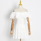 Embroidered Off-Shoulder Eyelet Mini Dress - kawaii-inspired outfit in pastel colors - 50781113