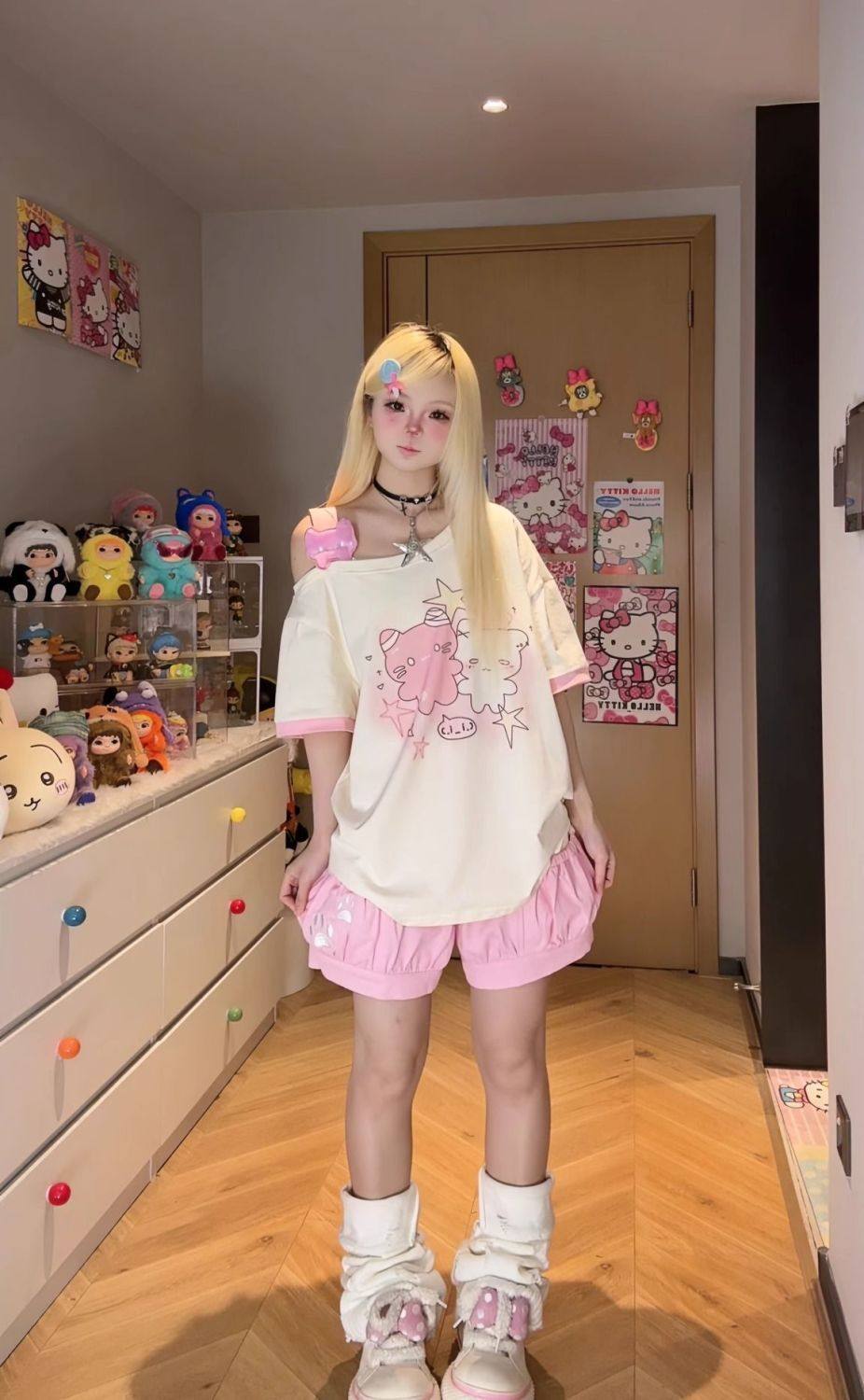 Cute Slanted Shoulder Cotton T-Shirt