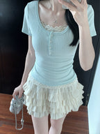 Fake Two-Piece Floral Short-Sleeve T-Shirt - kawaii-inspired outfit in pastel colors - 97237367
