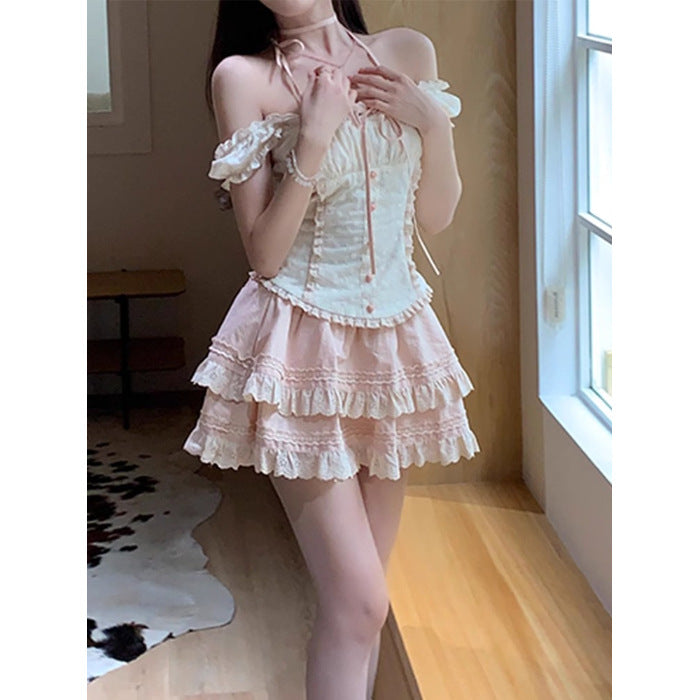 French Sweet Lace Two-Piece Skirt Set - kawaii-inspired outfit in pastel colors - 15842691