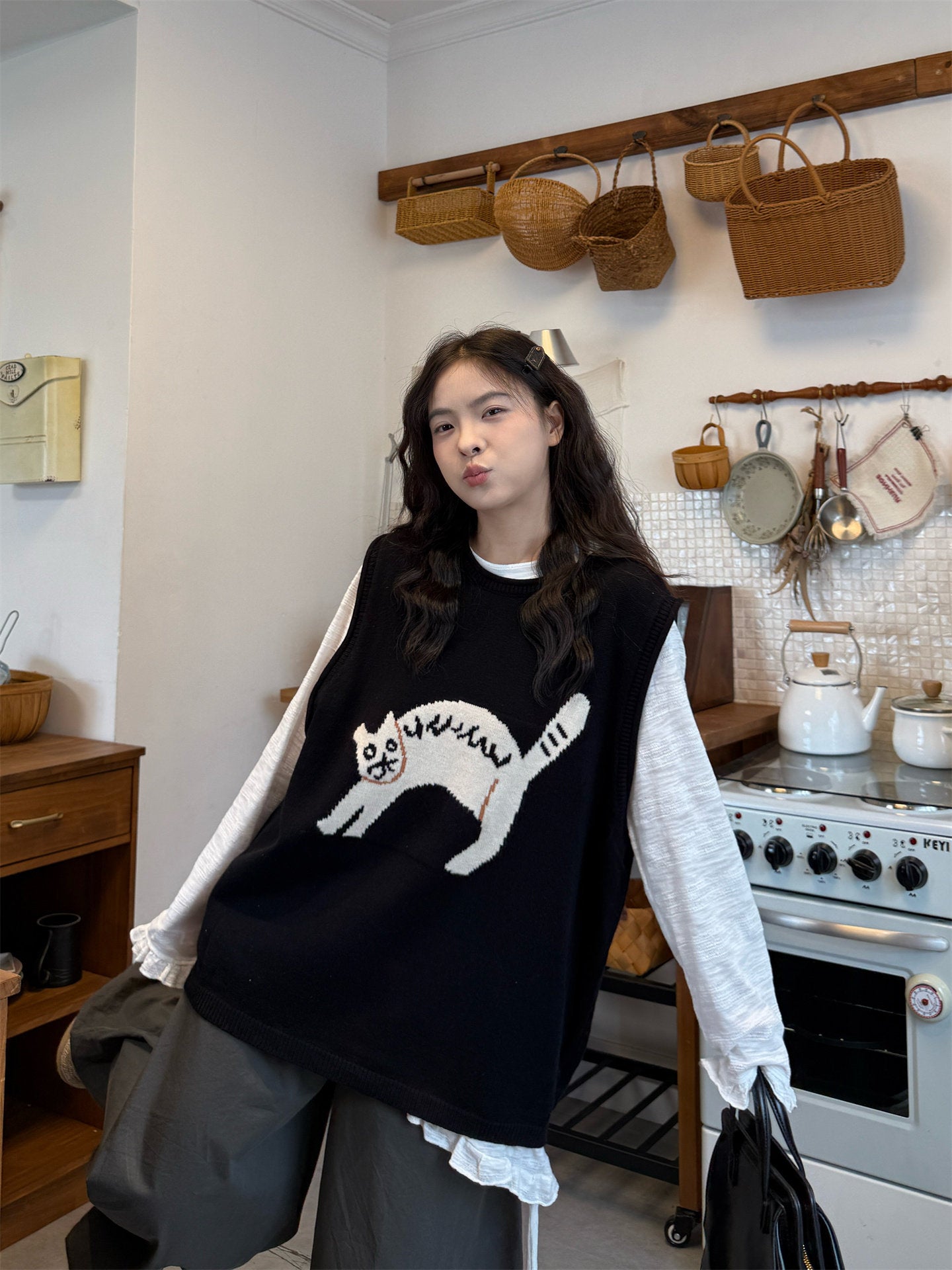 Plus Size Retro Kitten Vest Pants Set - kawaii-inspired outfit in pastel colors - 4466535