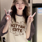 Color-Block Raglan Kitten Cute Cotton Tee - kawaii-inspired outfit in pastel colors - 47263075