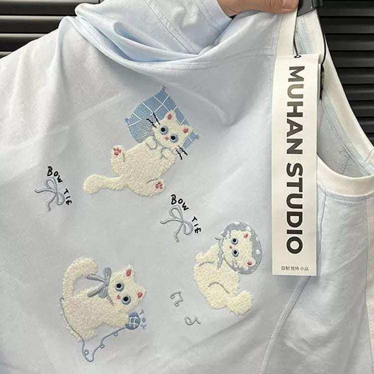 Pink Towel-Embroidered Cat Raglan Tee