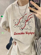 Cotton White Loose Graphic Dog T-Shirt - kawaii-inspired outfit in pastel colors - 43202215