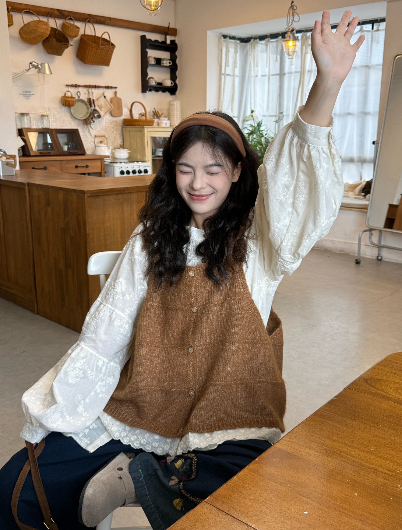 Plus Size Lace Vest Embroidered Shirt & Jeans Set - kawaii-inspired outfit in pastel colors - 53719482