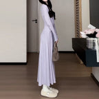 Purple Pinch-Waist Knit Long Dress - kawaii-inspired outfit in pastel colors - 72755103
