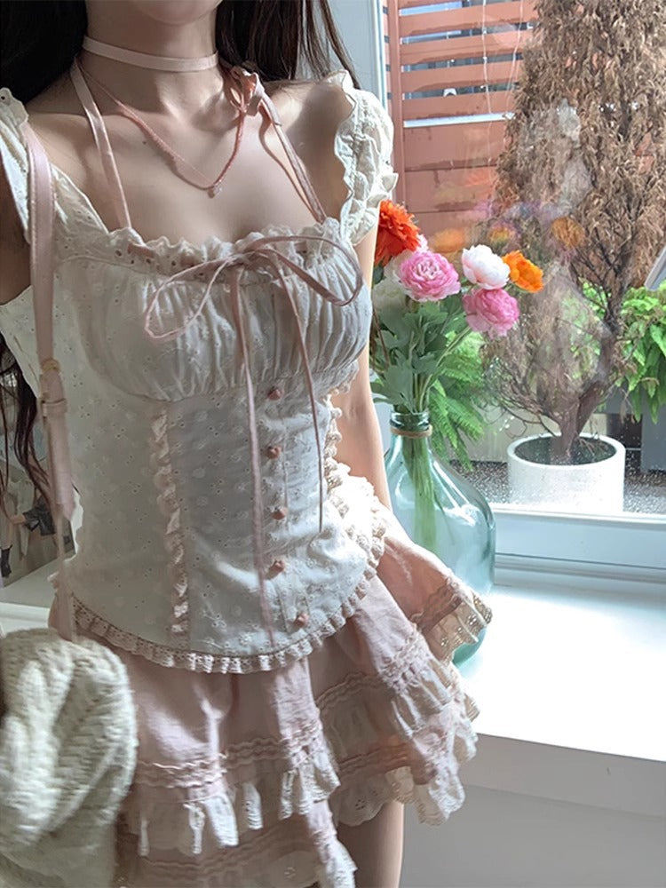 French Sweet Lace Two-Piece Skirt Set - kawaii-inspired outfit in pastel colors - 26450458