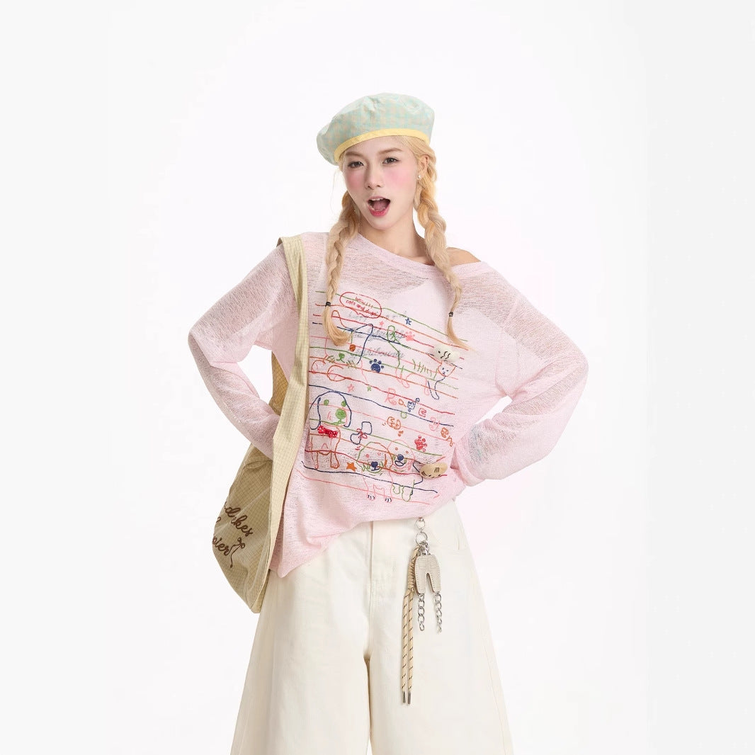 Pink Graffiti Sheer Off-Shoulder Knit Top