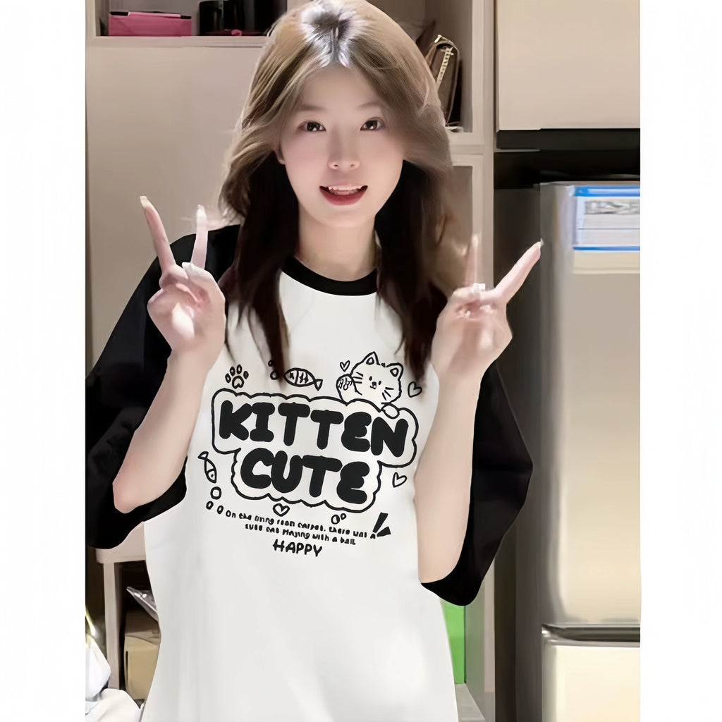 Color-Block Raglan Kitten Cute Cotton Tee