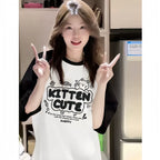 Color-Block Raglan Kitten Cute Cotton Tee - kawaii-inspired outfit in pastel colors - 91426631