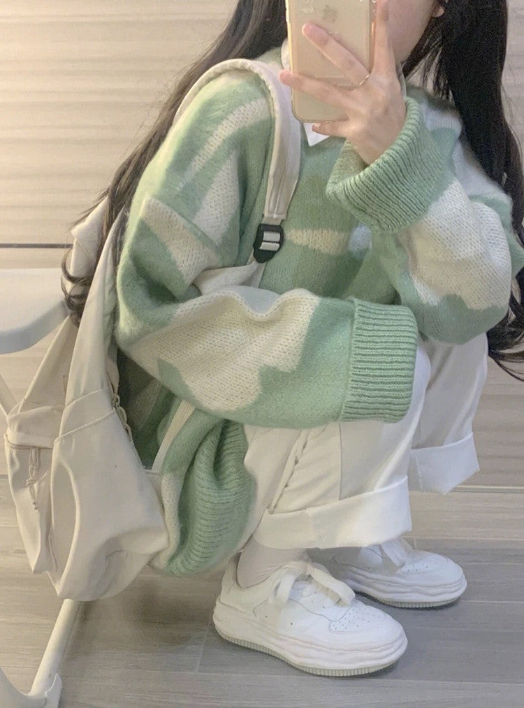 Pastel Camouflage Knit Sweater Top - kawaii-inspired outfit in pastel colors - 89865845