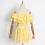 Embroidered Off-Shoulder Eyelet Mini Dress - kawaii-inspired outfit in pastel colors - 52272415