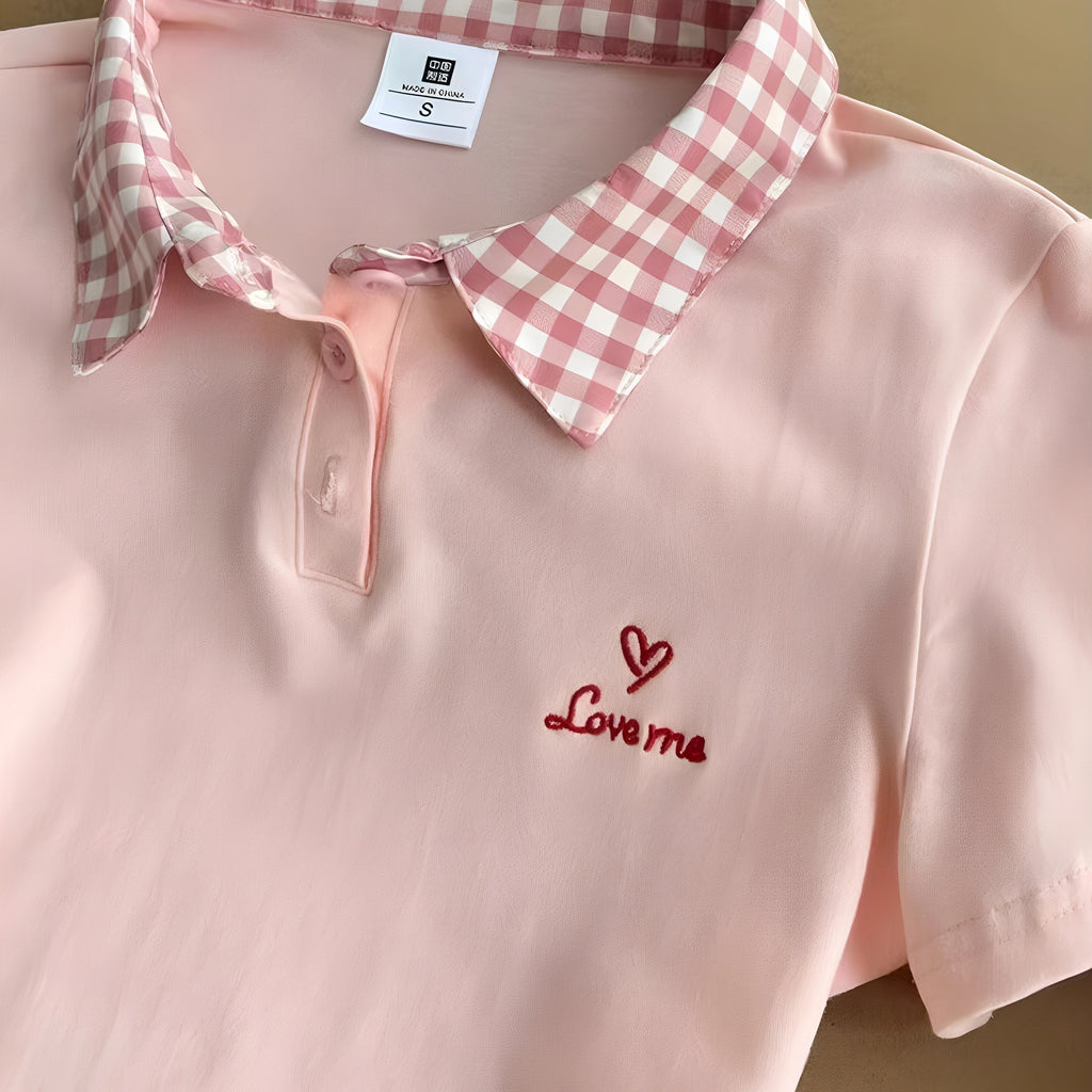 Pink Plaid-Collar Sweet Summer Polo Tee - kawaii-inspired outfit in pastel colors - 36182972