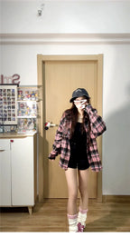 Oversize Vintage Plaid Shirt Jacket - kawaii-inspired outfit in pastel colors - 60376103